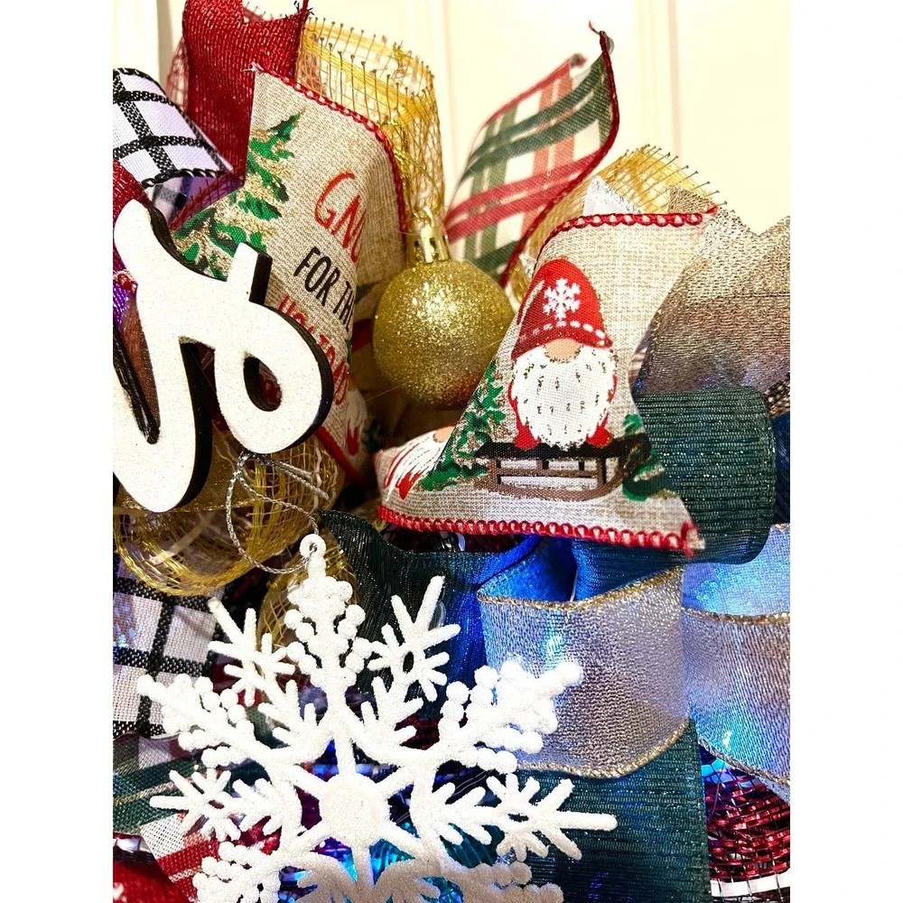 Handmade Christmas Gnome in Sleigh Holiday Ribbon Door Wreath 26 ins LED XLW2
